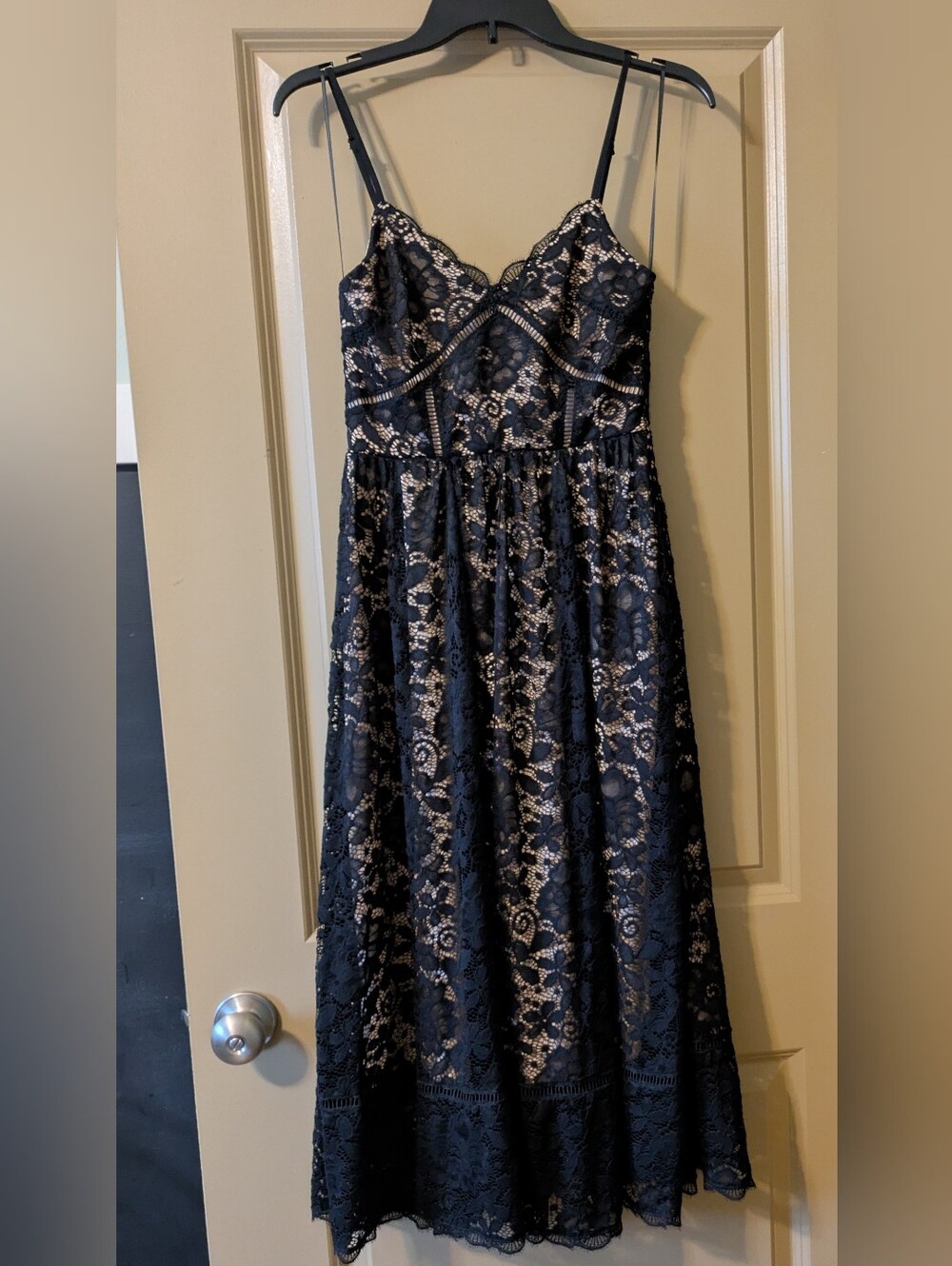 NSR Black Lace Midi Dress with Nude Underlay